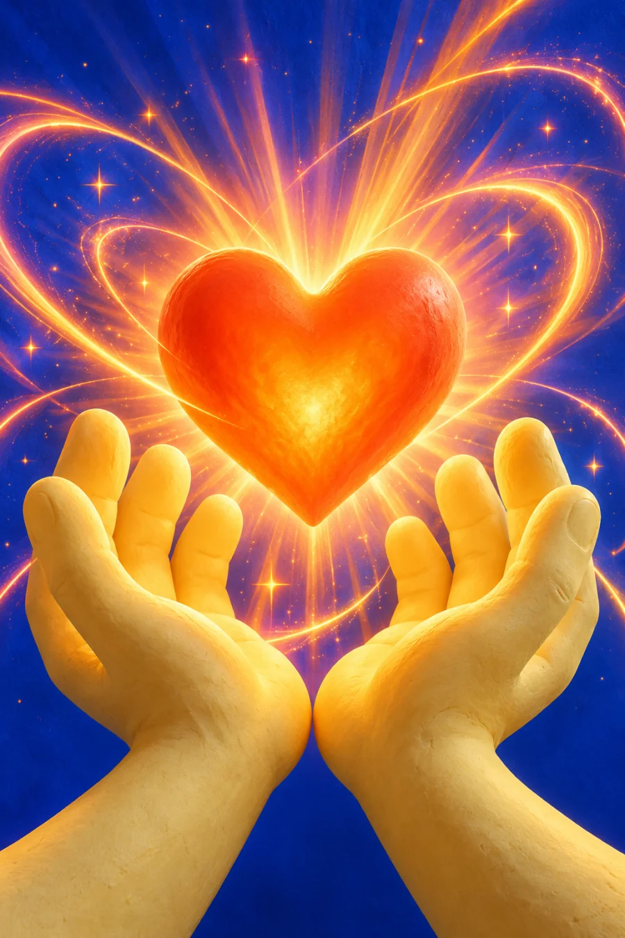 Sculptural hands offering a glowing heart against an electric blue background.