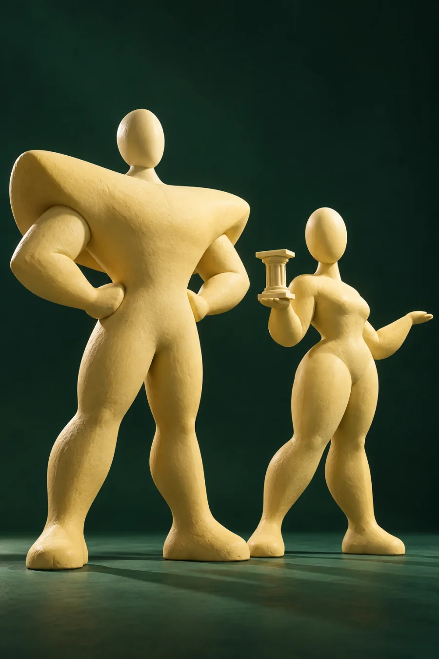 Two fictional clay characters staging an exaggerated shoulder pose-off.